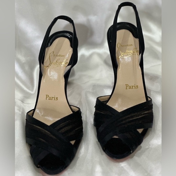 Christian Louboutin Black Peep Toe Sling Back Heels Chiffon Satin Size 6/36 Chic - Picture 1 of 13